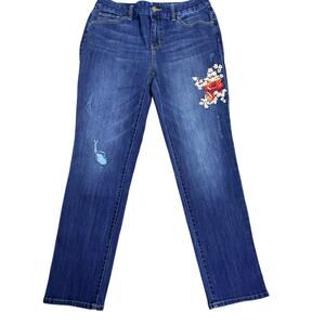 Chico’s Size 0 Embroidered Floral Jeans Medium Wash Stretch Straight Leg Boho
